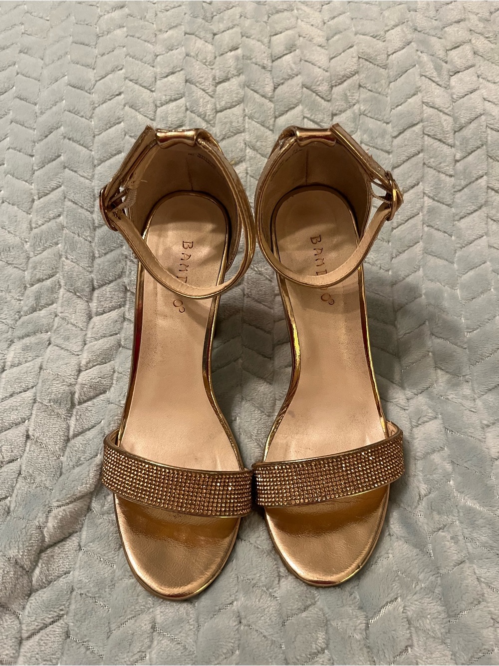 BAMBOO Rose Gold Rhinestone Ankle-Strap Heels sz 7 1/2